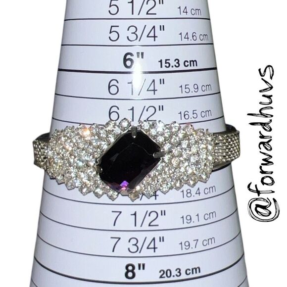 Vintage Hinge Clamper Bracelet – Purple Glass Center Stone – Clear Rhinestones - Picture 8 of 10